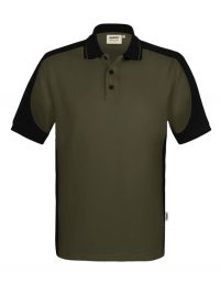 Olivgrünes Herren Arbeits Poloshirt mit schwarzen Kontrasteinsätzen und Drei-Loch-Knopfleiste – strapazierfähig und pflegeleicht für Handwerk, Pflege und Gastronomie